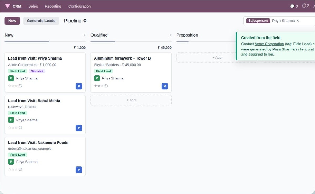 CRM pipeline with leads from field visits